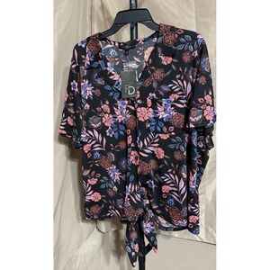 Fred David‎ Womens Black Floral Print Top 1X NWT Button Front,Collared,Tie Waist